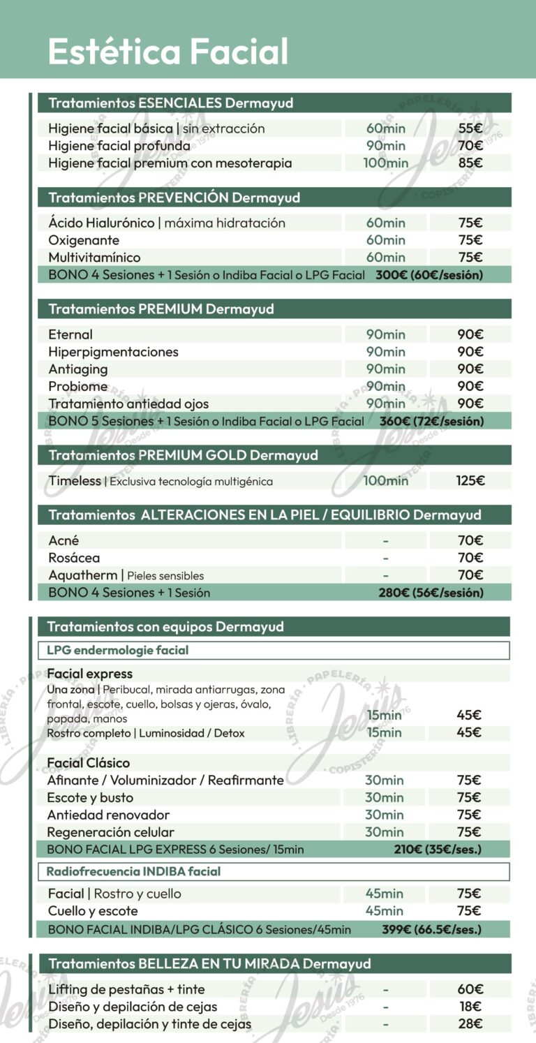 Listado de servicios de Estética Facial